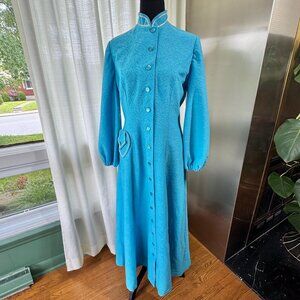 Vintage 1960s dress, turquoise blue, coat-style maxi duster, mandarin collar
